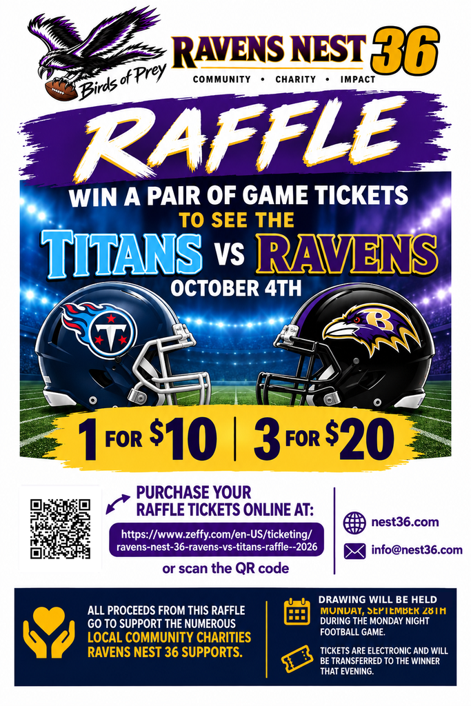 Charity fundraiser to win a pair of Titans vs Ravens game tickets. 1 for $10 or 3 for $20. Click image for a chance to support our local charities.